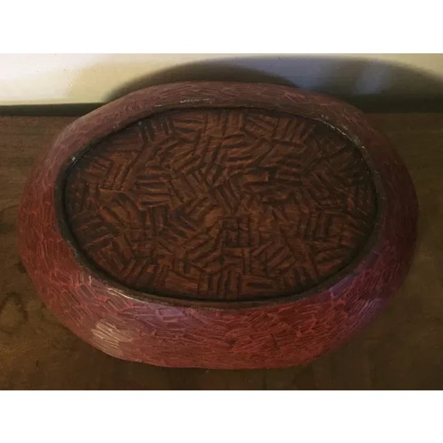 Antique Japanese Red Lacquer Carved Wood Basketweave Centerpiece Bowl For Sale - Image 4 of 13