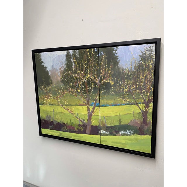 Impressionist Backyard, Early Spring by Riley Doyle | Oil on panels Landscape with trees and green fields. For Sale - Image 3 of 5