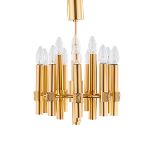 Brutalist Chandelier in Brass with 12 Arms by Angelo Brotto for Esperia, Italy, 1960s