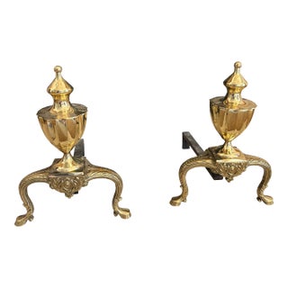 Pair of 1990s Colonial Revival Brass Urn Andirons For Sale
