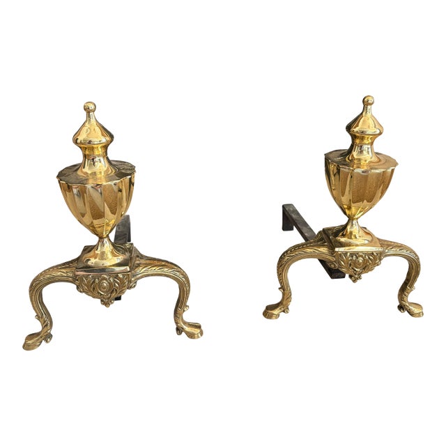 Pair of 1990s Colonial Revival Brass Urn Andirons For Sale