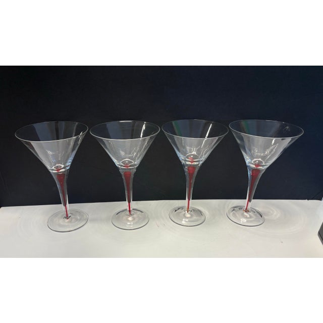 Glass Mid 20th Century Sculptural Red Stem Martini Glasses, Murano Style Art Glass Cocktail Coupes - Set of 4 For Sale - Image 7 of 9