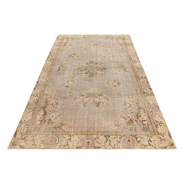 1960s Vintage Turkish Rug in Beige-Brown With Medallion and Florals | Rug & Kilim For Sale - Image 5 of 7