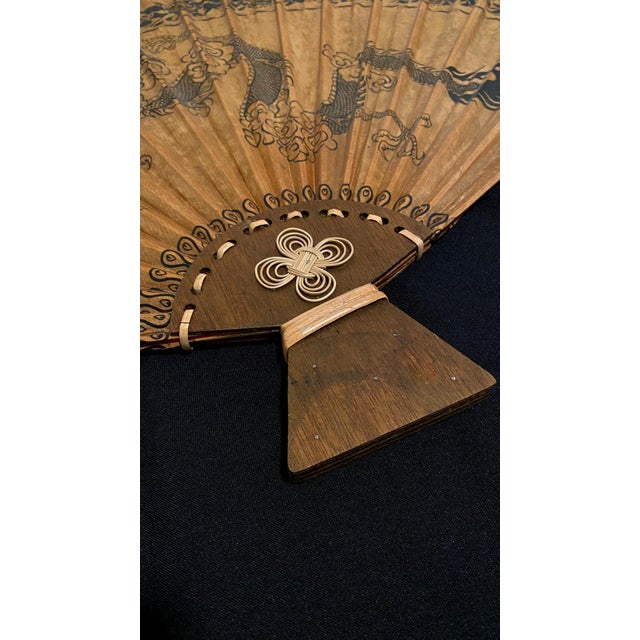 Mid 20th Century Large Pair Vintage Chinese Dragon Wall Fans 37"l X 23"h - Set of 2 Hand Painted Bamboo Fan | Oriental Decor For Sale - Image 5 of 17
