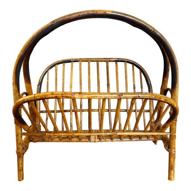 Coastal Tortoise Shell Bamboo & Rattan Arched Handle Collapsible Magazine Rack For Sale