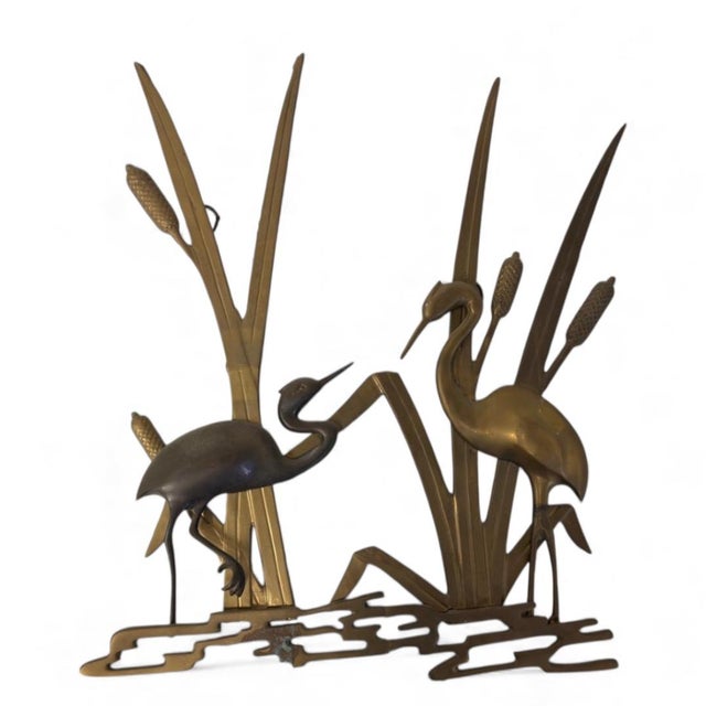 Elegant Brass Heron and Cattail Wall Art Sculpture For Sale - Image 4 of 4