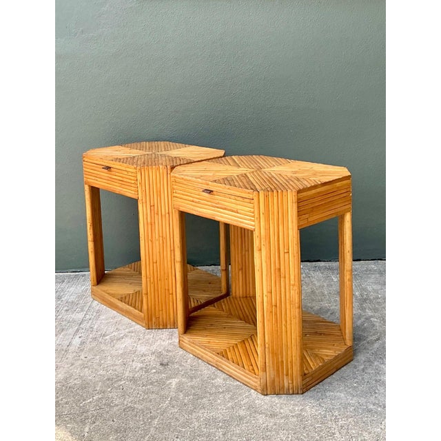 Wood Vintage Rattan Hexagonal Night Stands - A Pair For Sale - Image 7 of 12