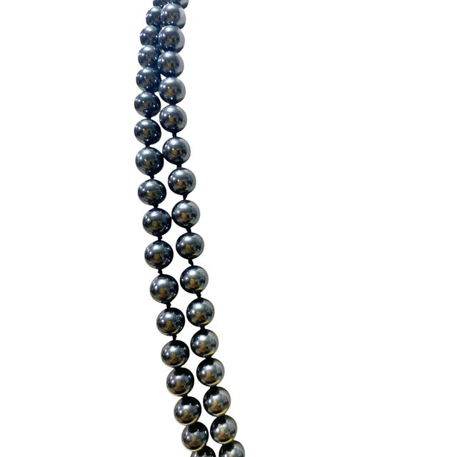 Gemstone Long Vintage Two Strand Faux Black Pearls With Beige Focal Necklace For Sale - Image 7 of 8