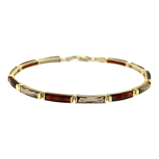 1960s Vintage 14k Gold Garnet and Smoky Quartz Bracelet For Sale