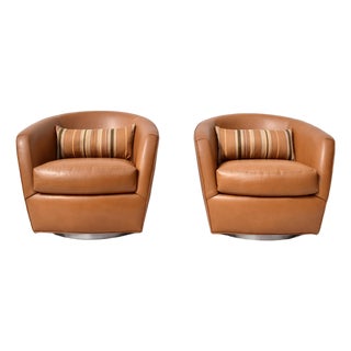 Thayer Coggin Turn Swivel Chairs in Chestnut Leather For Sale