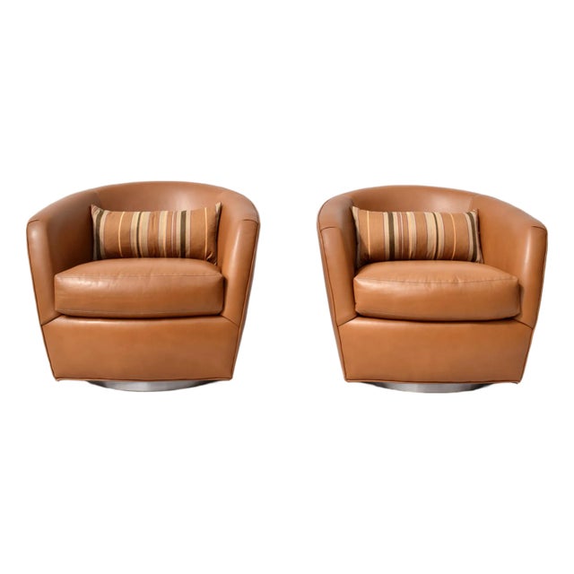Thayer Coggin Turn Swivel Chairs in Chestnut Leather For Sale