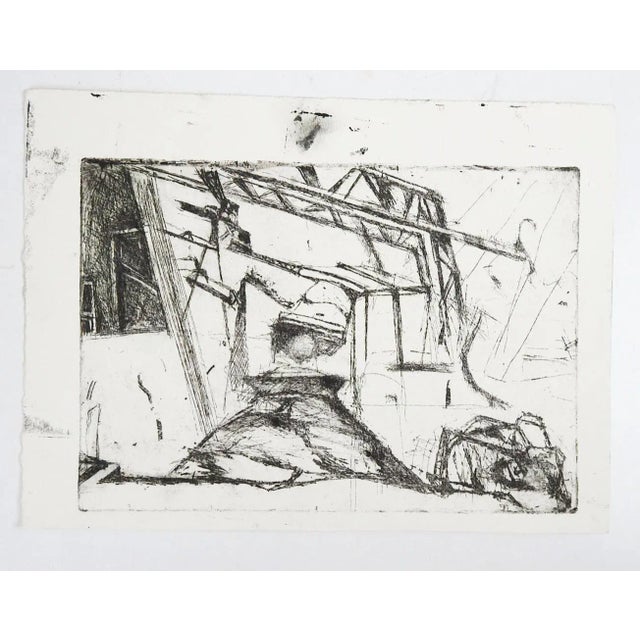 Late 20th century abstract black and white industrial etching. Unsigned. Unframed, smuging in margins.