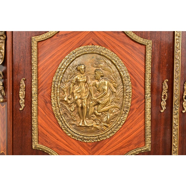 Wood Paul Sormani Style French Napoleon III Mahogany and Kingwood Marble Top Buffet Server or Bar Cabinet With Mounted Gilt Bronze Ormolu For Sale - Image 7 of 16