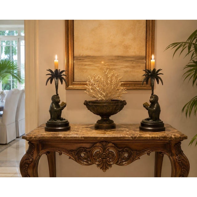 Pair of Vintage Cast Metal "Reading Monkey" Palm Tree Candlesticks For Sale - Image 11 of 12