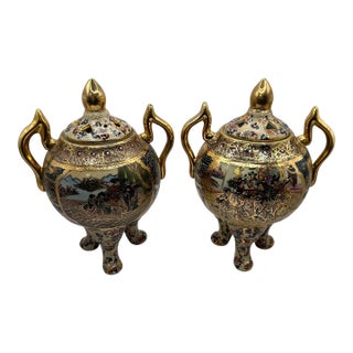 Vintage Royal Satsuma Style Lidded Cachet Pots - A Pair For Sale