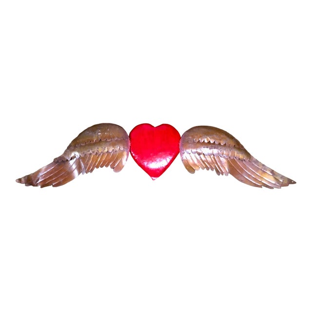 Large Vintage Metal Winged Flying Heart Wall Decor For Sale