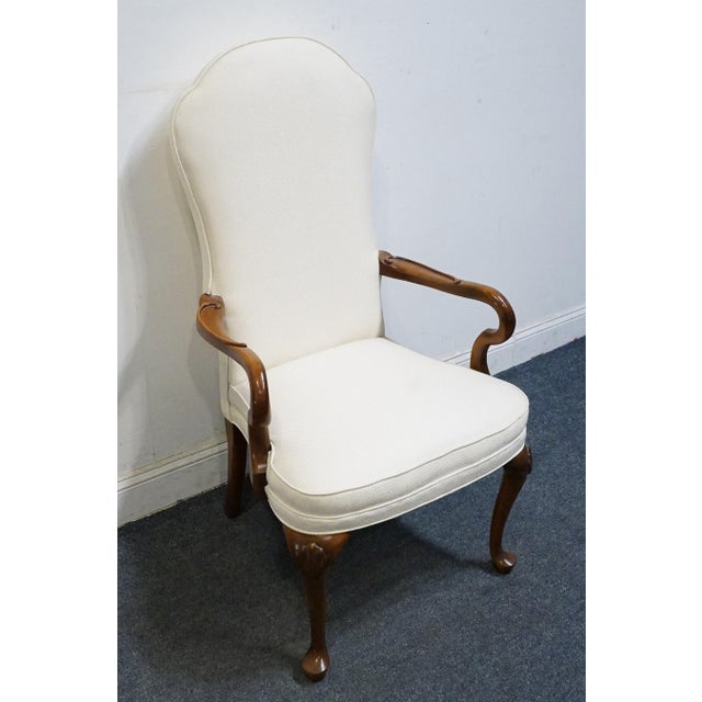 High End Vintage Solid Cherry Traditional Georgian White Upholstered High Back Dining Arm Chair For Sale - Image 4 of 9