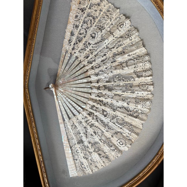 Victorian French Alençon Lace and Mother of Pearl Fan in Shadow Box Frame For Sale - Image 9 of 11
