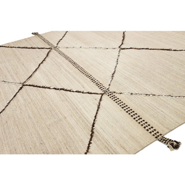 Tribal 10 X 15 Modern Handmade Moroccan Style Wool Rug in Beige With Tribal Design For Sale - Image 3 of 9