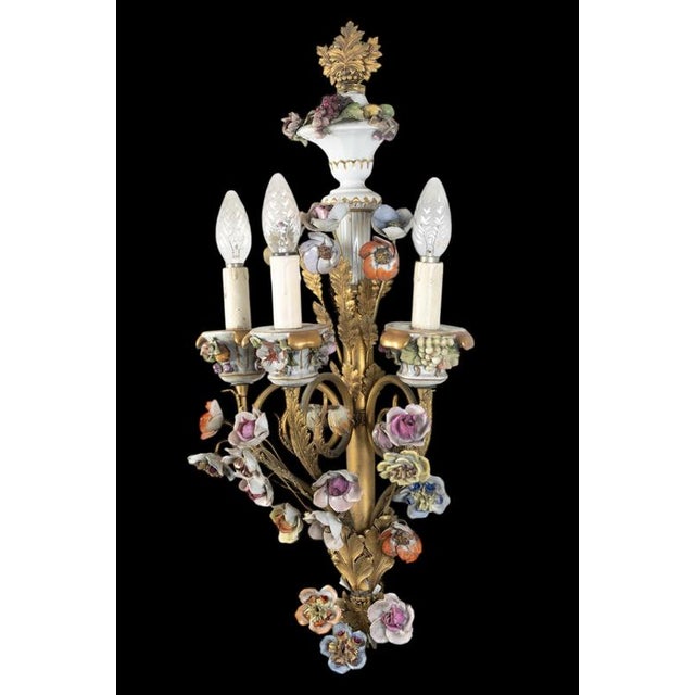 Gilt Bronze Sconces with Porcelain Flowers, 1830, Set of 4 For Sale - Image 4 of 12