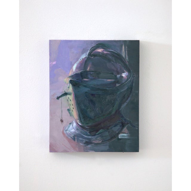 This oil painting features a close-up view of a helmet, capturing its metallic surface with a soft, reflective quality...