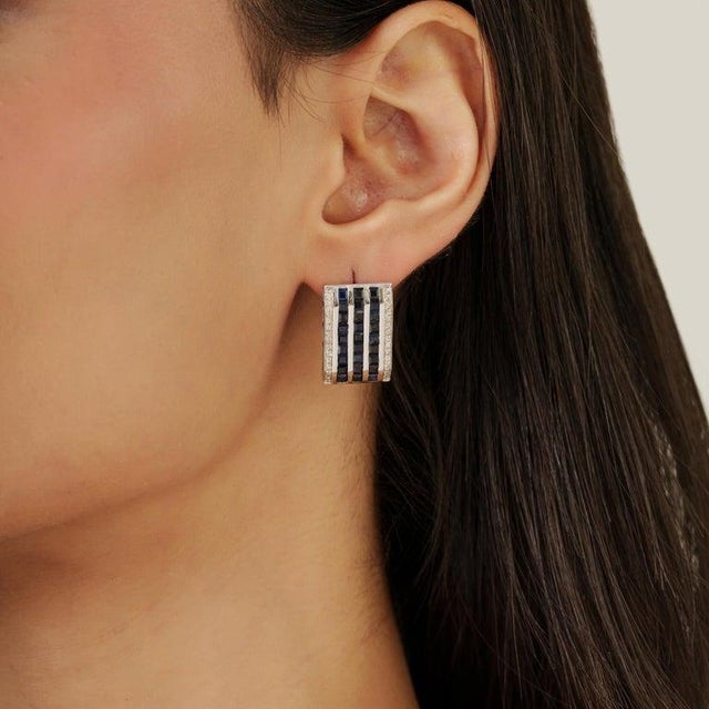 Royal Blue Multi-Stripe Blue Sapphire & Diamond Bar Earrings in 925 Sterling Silver, A Pair For Sale - Image 8 of 11