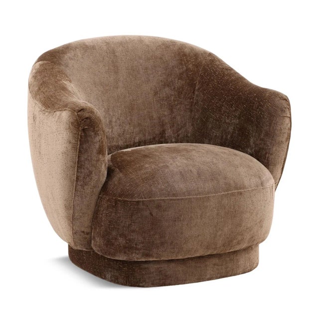 Modern rounded accent chair upholstered in cozy velvet chenille lightly distressed fabric. Beautiful milk chocolate brown...