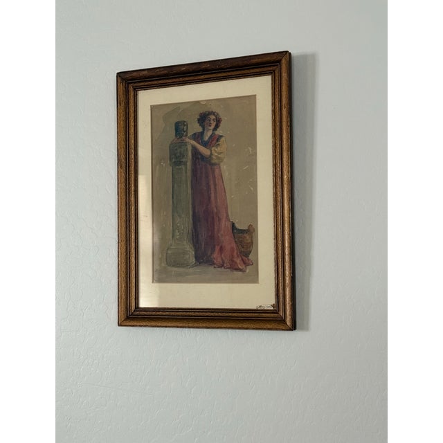 Figurative Antique Early 20th Century Woman Pedestal Watercolor Signed Matted and Framed Under Glass Original Art 21”t X 14.75”w For Sale - Image 3 of 12