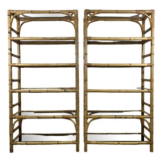 Italian Bamboo and Wicker Bookcases with Glass Shelves, 1970s, Set of 2 For Sale