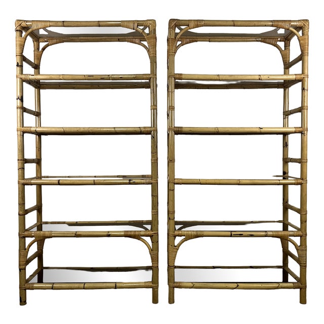 Italian Bamboo and Wicker Bookcases with Glass Shelves, 1970s, Set of 2 For Sale