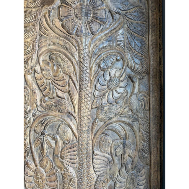 Hand-Carved Tree of Life Wood Door Panel With Birds & Sunflowers | Rustic Architectural Wall 84x36 For Sale In Orlando - Image 6 of 7