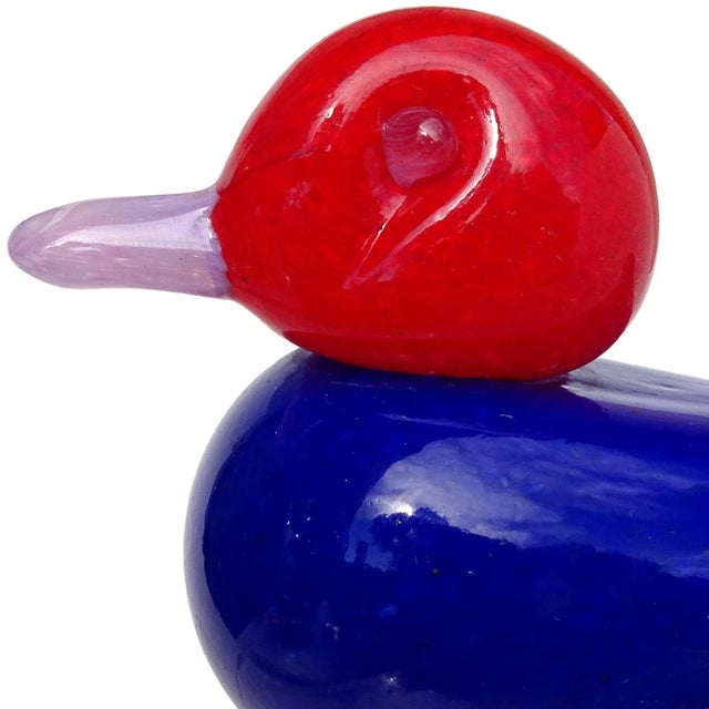 Beautiful vintage Murano hand blown bright red, dark cobalt blue and lavender Italian art glass bird paperweight /...