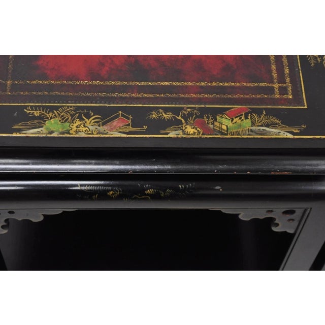 Vintage Chinoiserie Black Lacquered Red Leather Top 2 Tier End Tables - A Pair For Sale - Image 9 of 12