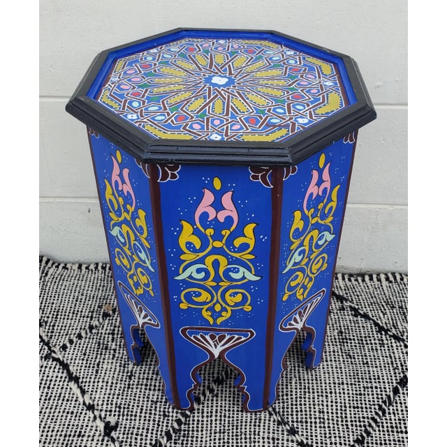 Wood Moroccan Octagonal Hand Painted Wooden Side Table in Blue For Sale - Image 7 of 7