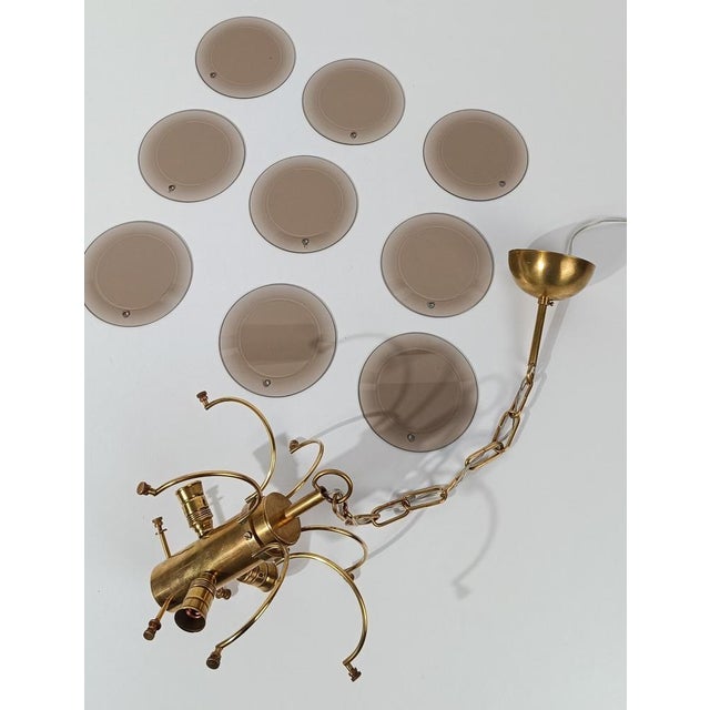 Vintage Chandelier in Brass with Smoked Bevelled Glass Discs from Sciolari, Italy, 1970s For Sale - Image 4 of 18