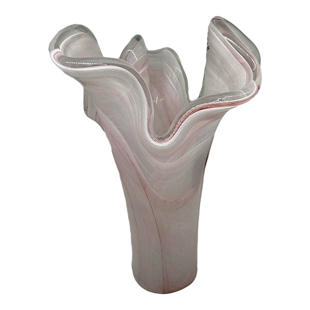 Tammaro Home Murano Style Pink & White Swirl Art Glass Handkerchief Vase For Sale