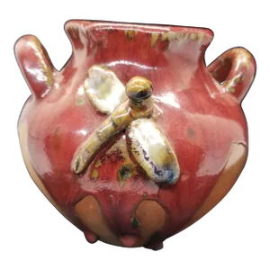 Vintage Double Handled Dragonfly Pottery Vase Urn Thick Drip Glaze