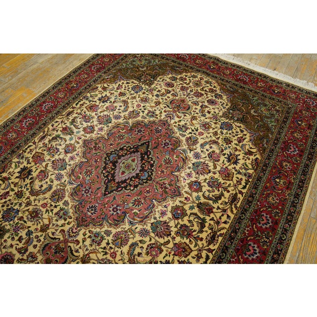 Traditional Refined Ivory Background Color With Rosette Claret Border Overall-Medallion Patterns Antique Persian Tabriz Rug For Sale - Image 3 of 9