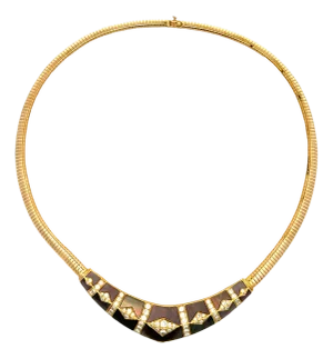 1980s Signed Gem Lok 18k Gold Tubogas Necklace With Diamonds & Brown Mother-of-Pearl – 53.2 Grams