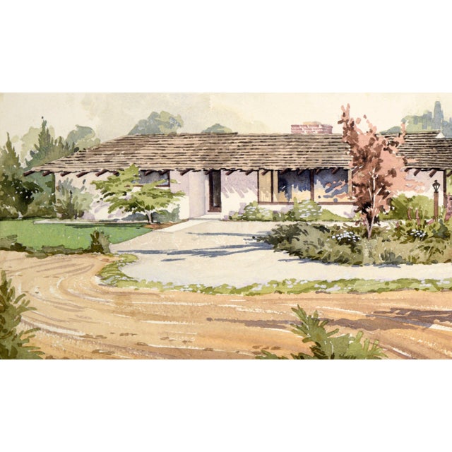 California Ranch Original Watercolor Landscape A beautiful Ranch-style, single-story home with low pitched rooftops and a...