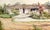 California Ranch Original Watercolor Landscape A beautiful Ranch-style, single-story home with low pitched rooftops and a...