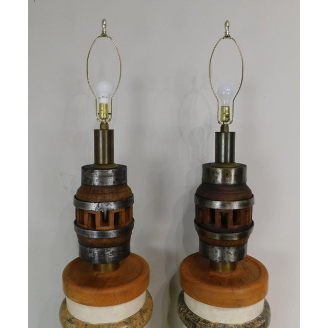 Rustic Heavy Wood and Steel Vintage Barrel Table Lamps - a Pair For Sale - Image 3 of 13