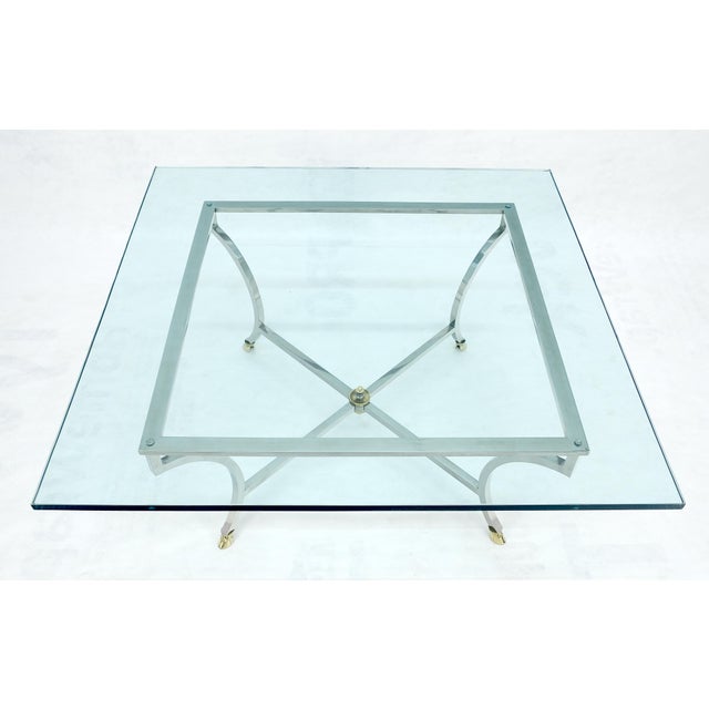 Brass hoof Feet 40x40 3/4" Square Glass Top Chrome Base Coffee Table Italy MINT For Sale - Image 9 of 16