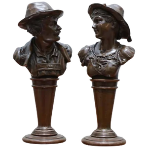 Victorian Solid Miniature Bronze Bust Statues, Set of 2