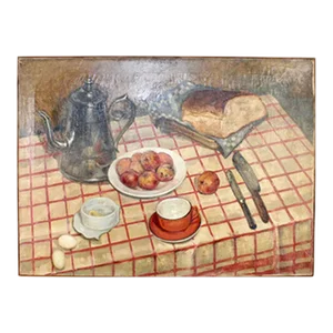 Early 20th Century Still Life Painting, French Naive, Red and White Check Lunch