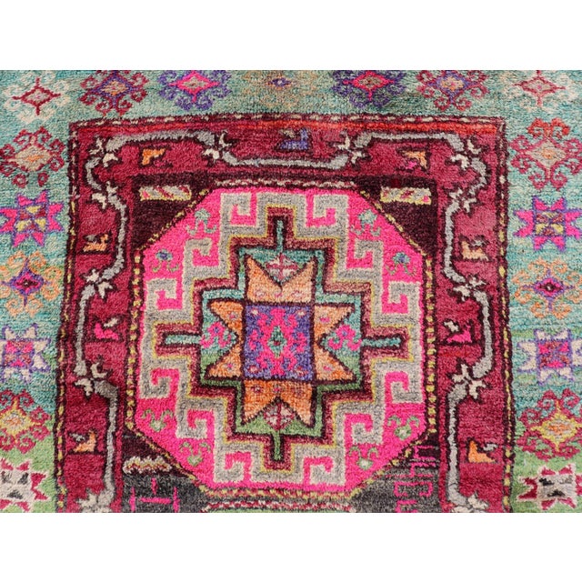 Vintage Caucasian Kazak Rug With Triple Medallions in Pink and Green 3'10 X 7'0 For Sale - Image 10 of 12