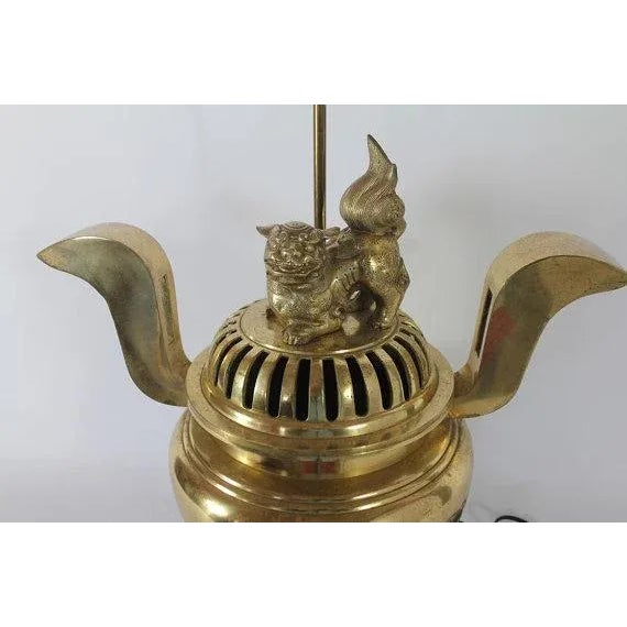 Chinese Foo Dog Cast Brass Lamp & Incense Burner For Sale - Image 3 of 6