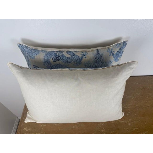 Elegant Pair of Modern Dragon Printed Linen Pillows, Soft Blue & Ivory For Sale In Los Angeles - Image 6 of 8