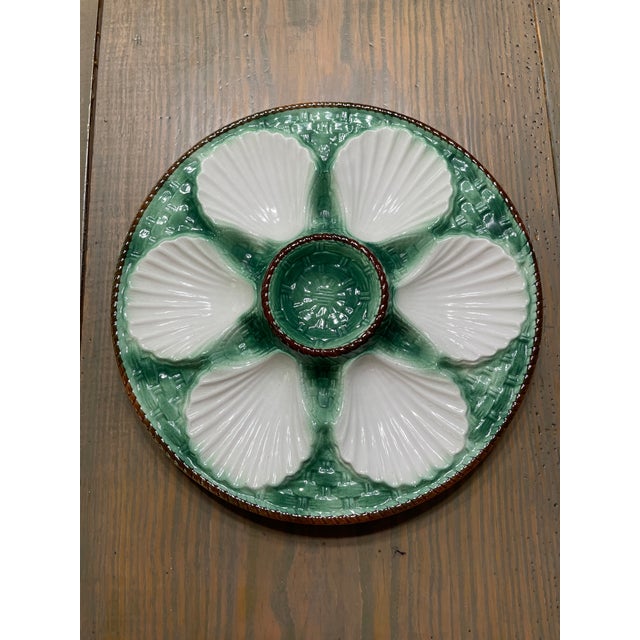 Antique 1920s French Longchamp Majolica Green and White Oyster Plate For Sale - Image 12 of 13