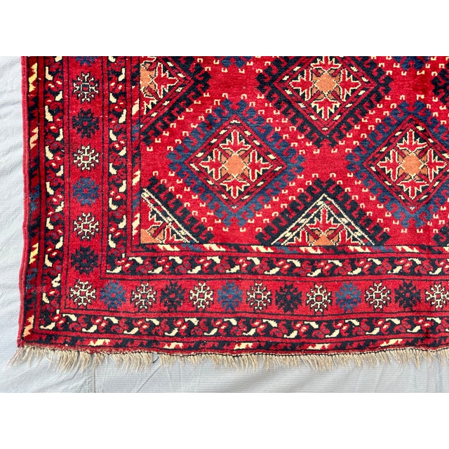 Tribal Hand-Knotted Crimson Red and Navy Blue Allover Geometric Wool Area Rug, 6'9" X 4'10" For Sale - Image 3 of 11